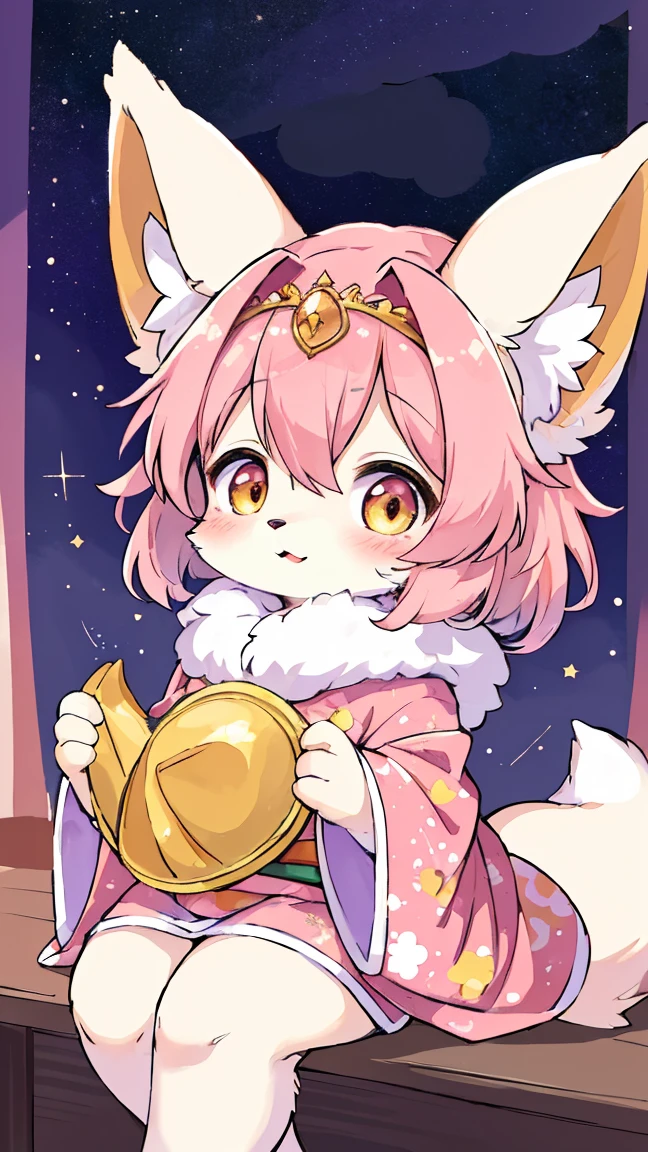 Furry, furry kemono, female fox furry, cute, 4 big and fluffy ear, chubby, cute little baby, pink and coloured hair, fluffy gold and pink coloured tail, a kimono with galaxy pattern, sitting on fluffy cloud, luxury, a luxurious tiara, a night sky background, blushing a little, a constellations in the sky, stardust trailing, a glowing star-shaped birthmark on cheek, holding a glowing star, (((masterpiece))), (((best quality: 1,4)))