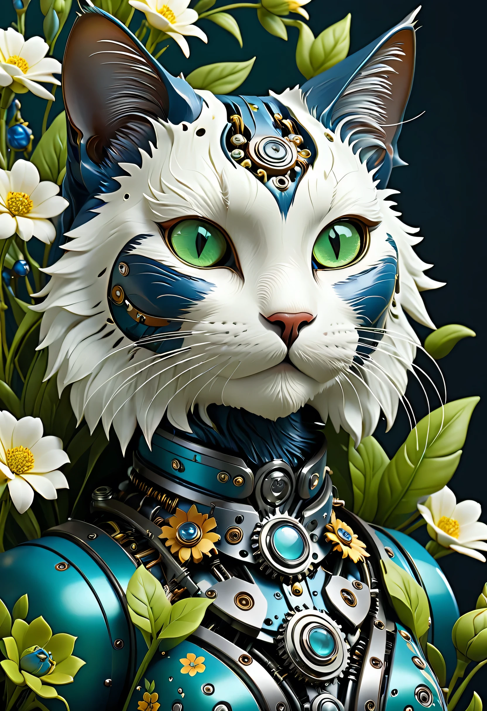 Mechanical cats，fotorrealista，anthropomorphic cat，function setting，Ultra-detailed graphics，rosto delicado，8k，Capa de revista，Floral background decoration，contraste de cores intenso，The color is dark，Tons azul-verde-branco