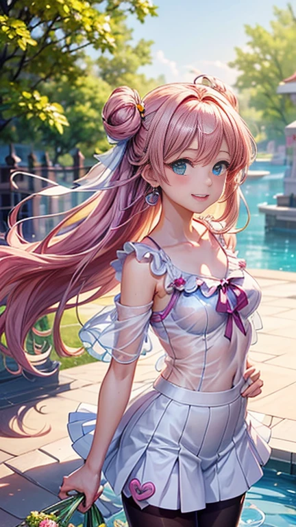 (transformation、I love exposure)、Anime girl with pink hair and a ribbon in her hair, Cute realistic portrait, 、Gweitz, Magical Girl Portrait, Cute Characters, Cute art style, Anime Moe Art Style, MapleStory character art, cute portrait, Cute Anime Girl Portrait, Small person portrait, artwork in the style of Gweitz, Splash Art Anime ,((green、薄いgreen色、See-through、See-throughのセーラーワンピースの水着、Wearing a blouse over her swimsuit、pantyhose、White mini skirt))、Cute Earrings、Long Hair Twin Tail、bird、Wind、smile、Embarrassed face、Embarrassing