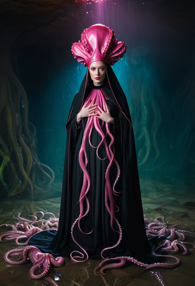 8K, ARTISTIC photogrAphy, best quAlity, mAsterpiece: 1.2), A (potrAit:1.2)  witch BLOOD   Cthulhu nun QUEEN, EYES, PINK many octopus style tentacles, full body RAW candid cinema, RED hair, 16mm, color graded portra 400 film, remarkable color, ultra realistic, sad admosphere, dark lighting, oppressive atmosphere, depressive colors, kodak portra 400, photograph,r, Natural Light, Pinhead lighgts, blur reflection, Brush Strokes, Smooth, abstract, Splatter, Oil On Canvas, rainbow colors, fractal isometrics details bioluminescens : a stunning realistic photograph of wet bone structure, 3d render, octane render, intricately detailed, titanium decorative headdress, cinematic, trending on artstation | Isometric | Centered