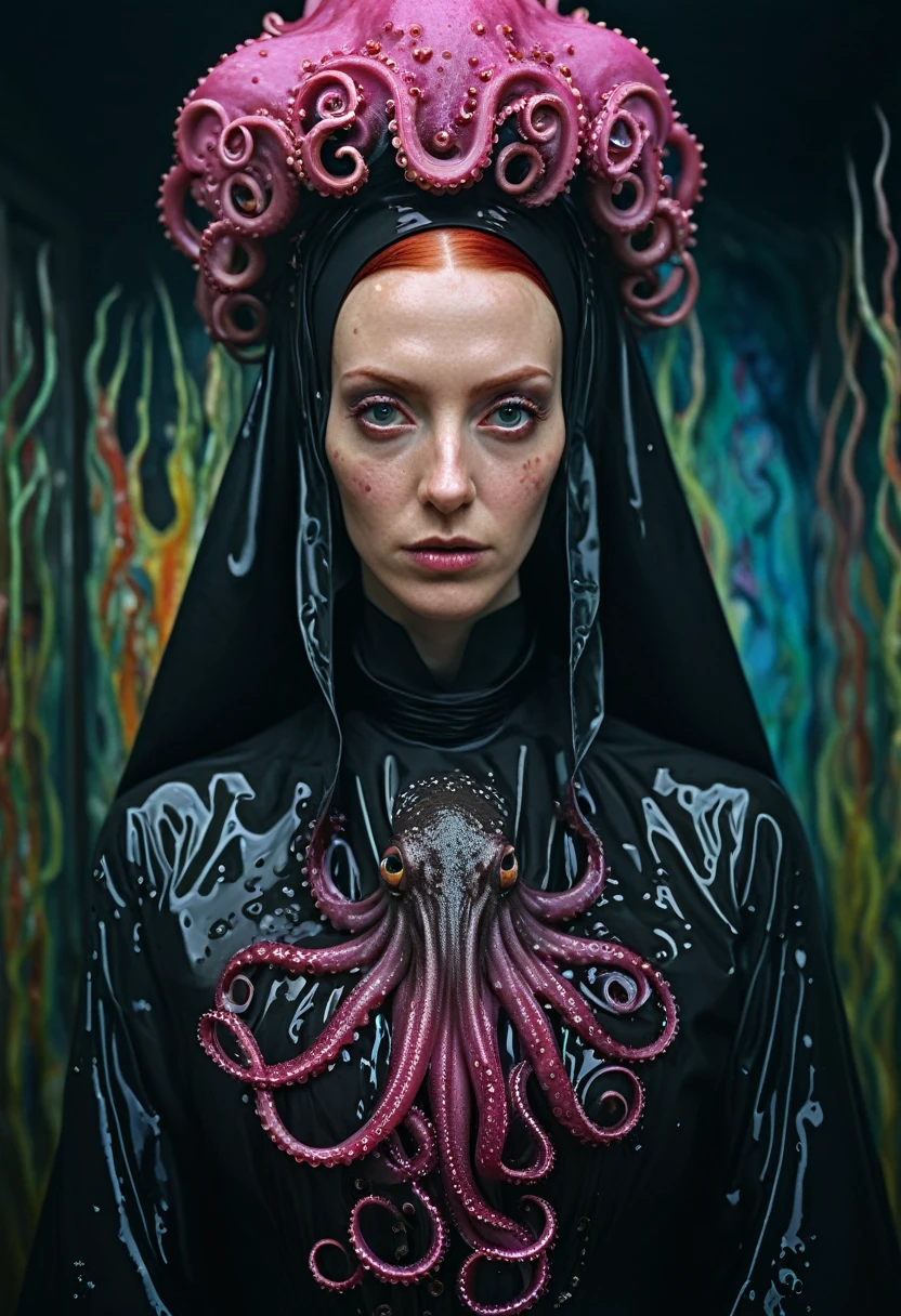 8K, ARTISTIC photogrAphy, best quAlity, mAsterpiece: 1.2), A (potrAit:1.2)  witch BLOOD   Cthulhu nun QUEEN, EYES, PINK many octopus style tentacles, full body RAW candid cinema, RED hair, 16mm, color graded portra 400 film, remarkable color, ultra realistic, sad admosphere, dark lighting, oppressive atmosphere, depressive colors, kodak portra 400, photograph,r, Natural Light, Pinhead lighgts, blur reflection, Brush Strokes, Smooth, abstract, Splatter, Oil On Canvas, rainbow colors, fractal isometrics details bioluminescens : a stunning realistic photograph of wet bone structure, 3d render, octane render, intricately detailed, titanium decorative headdress, cinematic, trending on artstation | Isometric | Centered