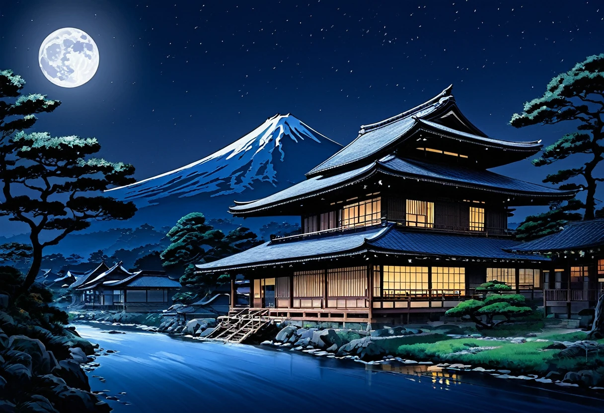Painting of a Japanese house in the moonlight with a full moon, Digital painting inspired by Rensui Kawase, Trending on CGSociety, ukiyo-e, The art of Japan style, The art of Japan, The art of Japan art, traditional The art of Japan, old The art of Japan, Landscape painting, Japan at Night, 伝統的なJapanese painting, Awesome Wallpapers, Night view, Japanese painting