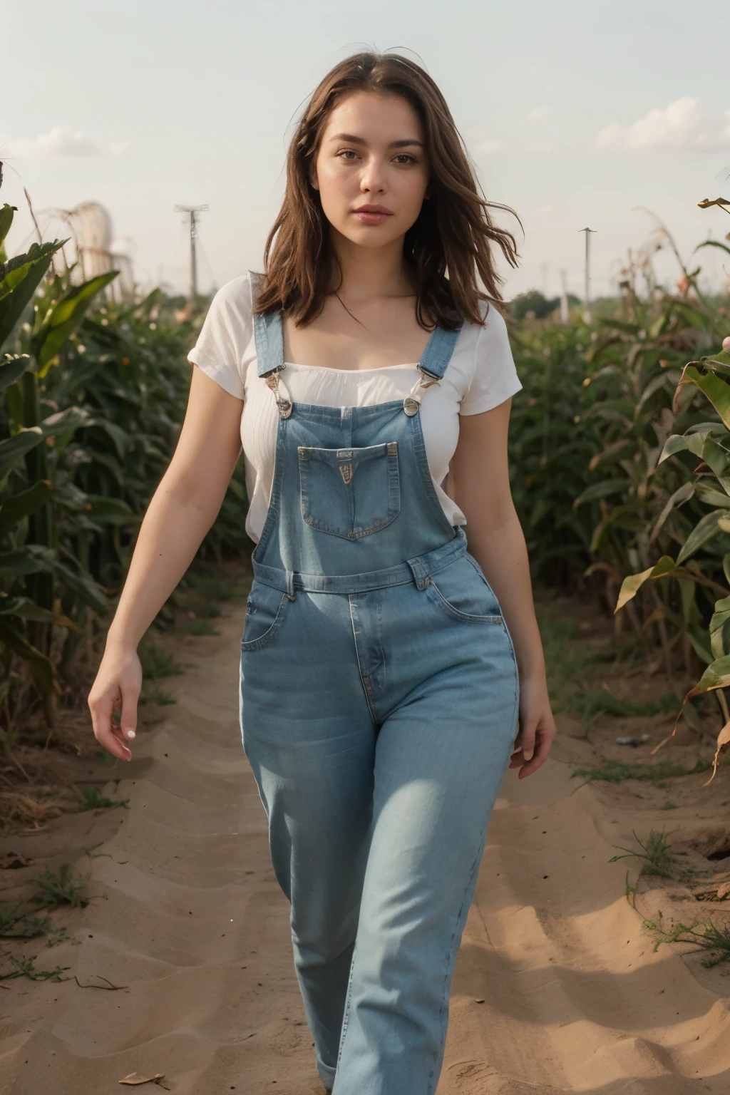 ((best quality)), ((masterpiece)), (detailed), perfect face, brunette, voluptuous, round face, brown eyes, late 30's, bib overalls full body, walking in a tall corn field

