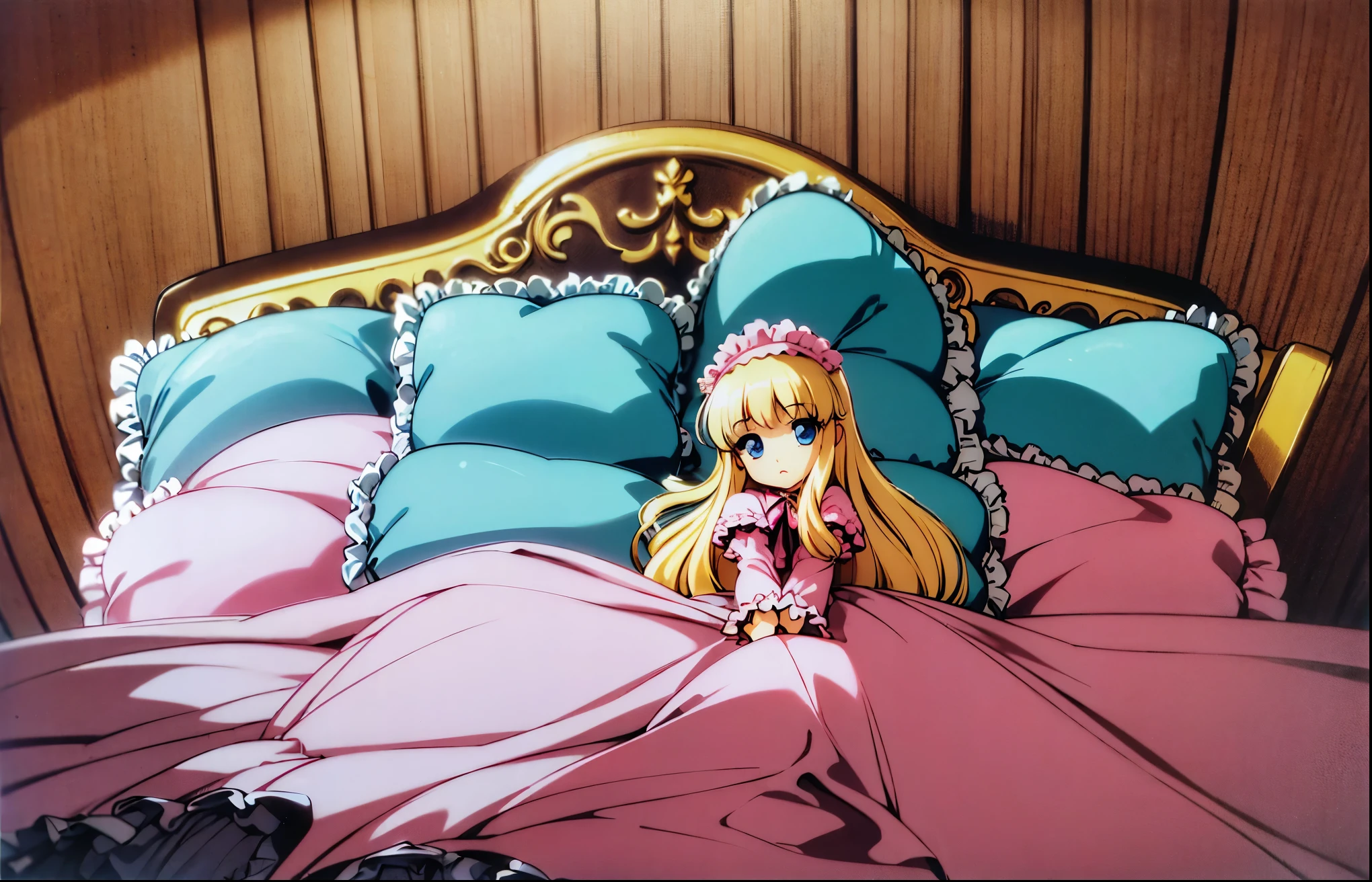,highest quality, masterpiece, Highest Resolution, artwork, super それにGet used to it, many Get used to it, Get used to it, それにGet used to it, 3K anime illustrations,(( 10 year old girl)),Super detailed baby face,high quality small face,Long blonde hair,blue eyes,白い肌のEuropean,pajamas, European,Curly Hair,blue eyes,((((ピンクのロリータファッションのLong skirtのワンピースドレス)))),((A pink dress with lots of frills and ribbons)),((A gorgeous headdress with frills and ribbons)),Detailed headdress,,(((Large yoke collar))),Yoke collar with ruffles and bow,((((Long sleeve)))),Ruffle sleeves,((((Long skirt)))),White ruffle and lace socks,Large frill and ribbon pillow,(((Nice pink outfit))),豪華なCanopy bedの上,Canopy bed,The bed is surrounded by luxurious curtains.,There were a lot of frilly pillows on the bed.,There are a lot of frilly pillows behind the girl.,Highly detailed background,Detailed bed,Soft pink comforter,Very fine soft frilly pillow,Beautiful girl illustration,Beautiful face in every detail,Thin Hair,Detailed eyes ,Detailed eyess,Mouth details, Arm details,Beautiful Hands,Detailed pillow,Large bed,Illustration on the bed, ,((((Round futon)))),((((A large frilly futon that covers the entire bed)))),Detailed comforter,Detailed bedシーツ,Before bedtime,Romantic atmosphere,Palace Bedroom,((((The lower half of the body is hidden under a large blanket....)))) The girl is leaning against a pile of pillows, ,((((Round futon)))),((((A large frilly futon that covers the entire bed)))),