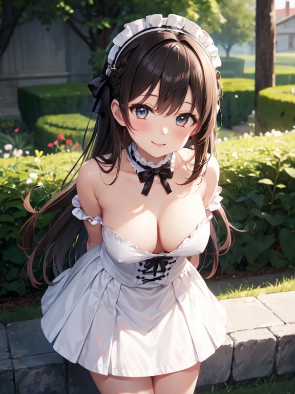 highest quality、Leaning forward,Place your arms behind your back、 [3D Images:1.15]、garden、全体的にLong Hair、1 girl, smile, Bird, Long Hair, Brown Hair、Breasts so big that they could be torn off、Bright Eyes、Open chest、goth style、Gothic Lolita Clothing、Cute skirt、skirt, white skirt、Absolute reference to the center、Leaning forward、nsfw、Put your chest close