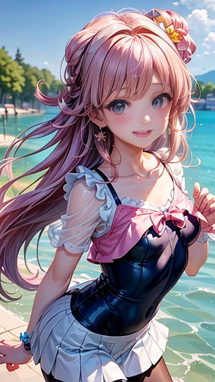 （transformation、I love exposure）、Anime girl with pink hair and a ribbon in her hair, Cute realistic portrait, 、Gweitz, Magical Girl Portrait, Cute Characters, Cute art style, Anime Moe Art Style, MapleStory character art, cute portrait, Cute Anime Girl Portrait, Small person portrait, artwork in the style of Gweitz, Splash Art Anime ,((green、薄いgreen色、See-through、See-throughのセーラーワンピースの水着、Wearing a blouse over her swimsuit、pantyhose、White mini skirt))、Cute Earrings、Long Hair Twin Tail、bird、Wind、smile、Embarrassed face、Embarrassing