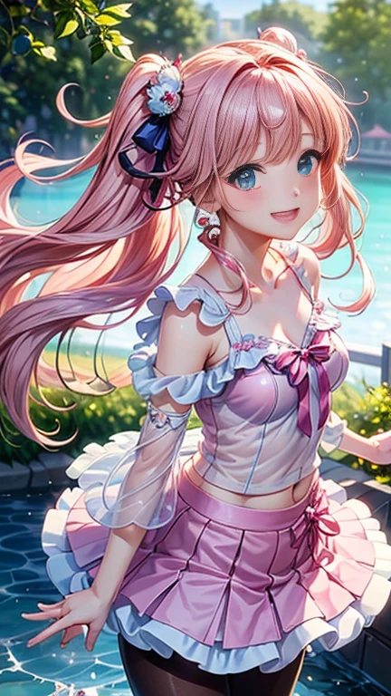 (transformation、I love exposure)、Anime girl with pink hair and a ribbon in her hair, Cute realistic portrait, 、Gweitz, Magical Girl Portrait, Cute Characters, Cute art style, Anime Moe Art Style, MapleStory character art, cute portrait, Cute Anime Girl Portrait, Small person portrait, artwork in the style of Gweitz, Splash Art Anime ,((green、薄いgreen色、See-through、See-throughのセーラーワンピースの水着、Wearing a blouse over her swimsuit、pantyhose、White mini skirt))、Cute Earrings、Long Hair Twin Tail、bird、Wind、smile、Embarrassed face、Embarrassing