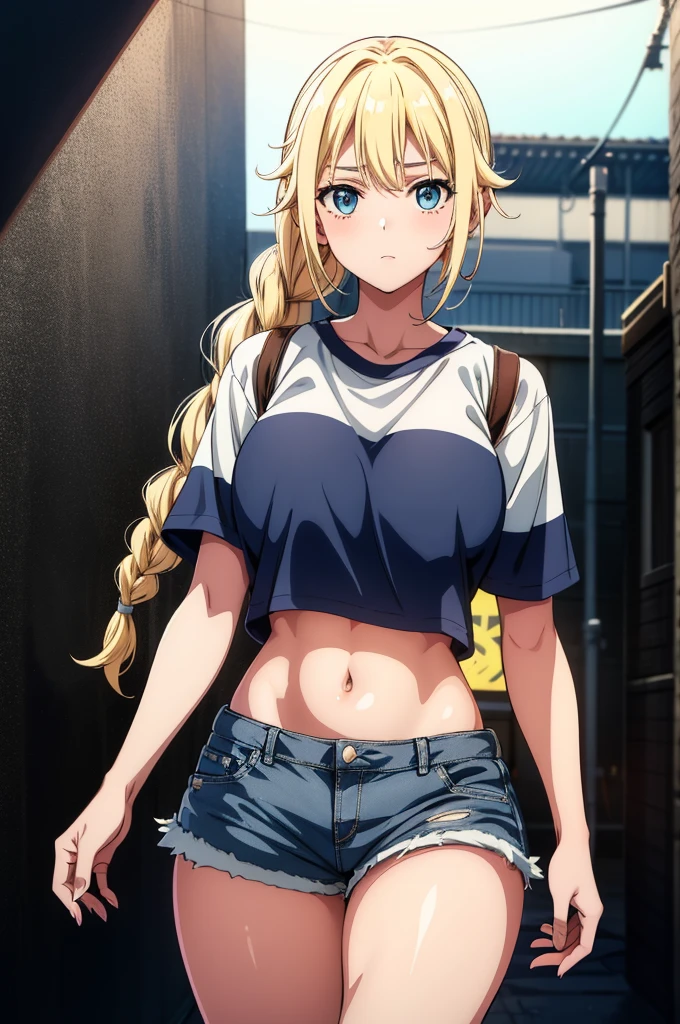 (((grayscale)))(masterpiece:1.2, best quality), (graffiti wall:1.15), super fine illustration,vibrant colors, masterpiece, sharp focus, best quality, depth of field, cinematic lighting,ultra detailed,1girl,masterpiece, best quality, high resolution, ultra-detailed, 1girl, A anime girl with denim shorts carrying a purse on the sidewalk, 1girl, crop top, solo, navel, cutoffs, cowboy shot, shorts, midriff, short sleeves, looking at viewer, shirt, outdoors, white shirt, crop top overhang, building, blue shorts, denim shorts,denim,leafa alicization, green eyes, blonde hair, long hair, ponytail, hair between eyes, bangs, twin braids, hair tubes, hair ornament, large breasts,Eiko Tsukimi, blue eyes, braid, twin braid, blonde hair, long hair,maggie,kafka(hsr),Eiko Tsukimi, blue eyes, braid, twin braid,(((blonde hair))),baseball cap,