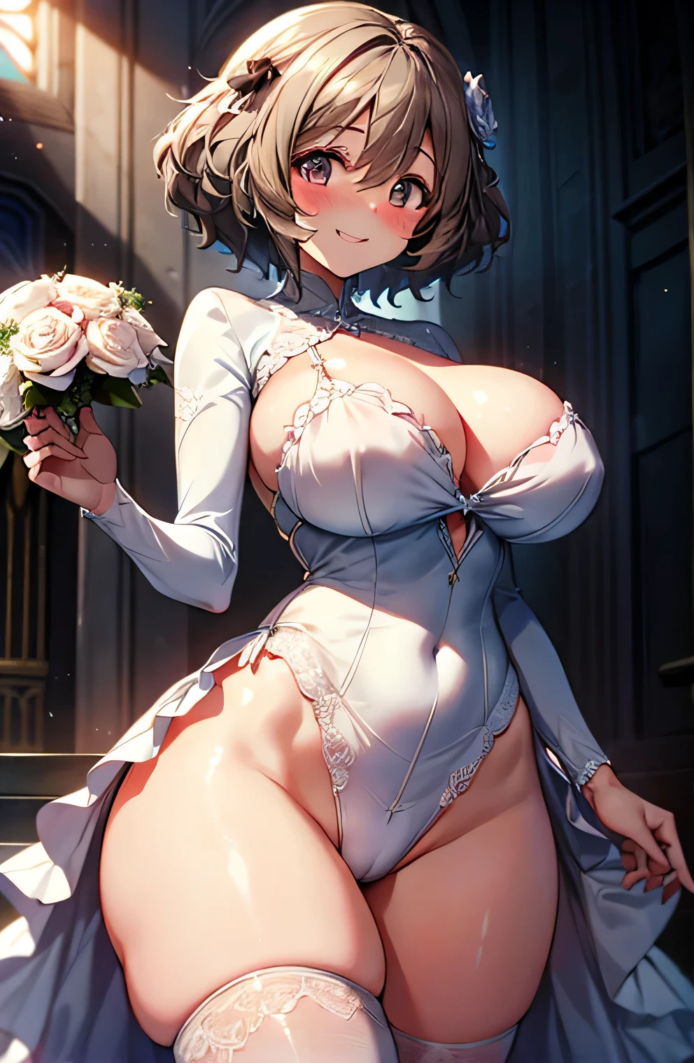 Anime illustration、Fantasy、highest quality、wedding style、Chapel with sunlight streaming in、Clear skies、bouquet、neat wedding dress、Perfect proportions、overwhelmingly big breasts、Very thick thighs、Beautiful, shining eyes、Blushed、smile、Cowboy Shot
