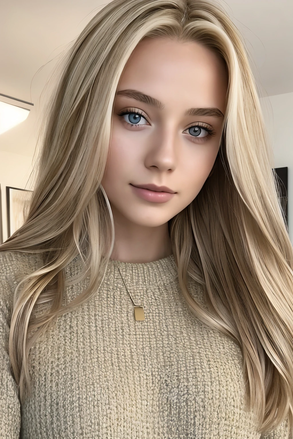 1girl in, age19, Allein, lange Haare,(insta post worthy) blondes Haar, nackten Schultern, braune Augen, Juwelier, Full body, eine Halskette, schulterfrei, Pullover, realistisch,iphone