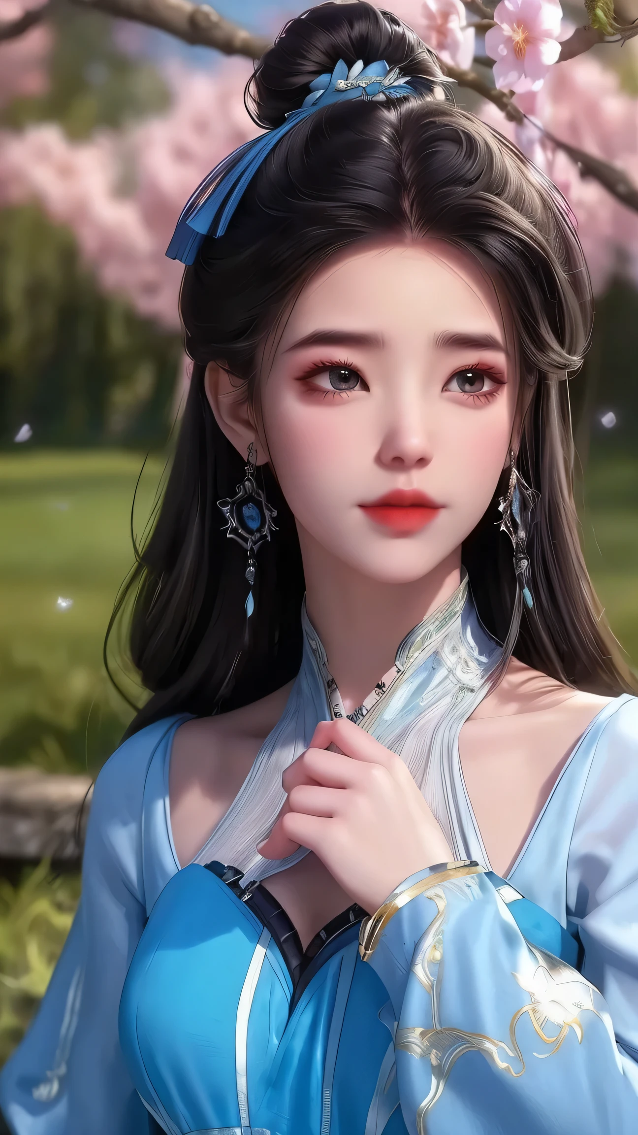 (best quality,ultra-detailed,photorealistic:1.37),vivid colors,studio lighting,beautiful detailed eyes,beautiful detailed lips,extremely detailed eyes and face,long eyelashes,portraits,black hair,confident expression,feminine,standing in a garden,soft sunlight, scenery,flower blossoms,peaceful atmosphere,artistic touch,textured brushstrokes,subtle color variations,brilliant white highlights,delicate movements,graceful pose,slight breeze,rustling leaves,sophisticated style,professional artwork,female beauty.