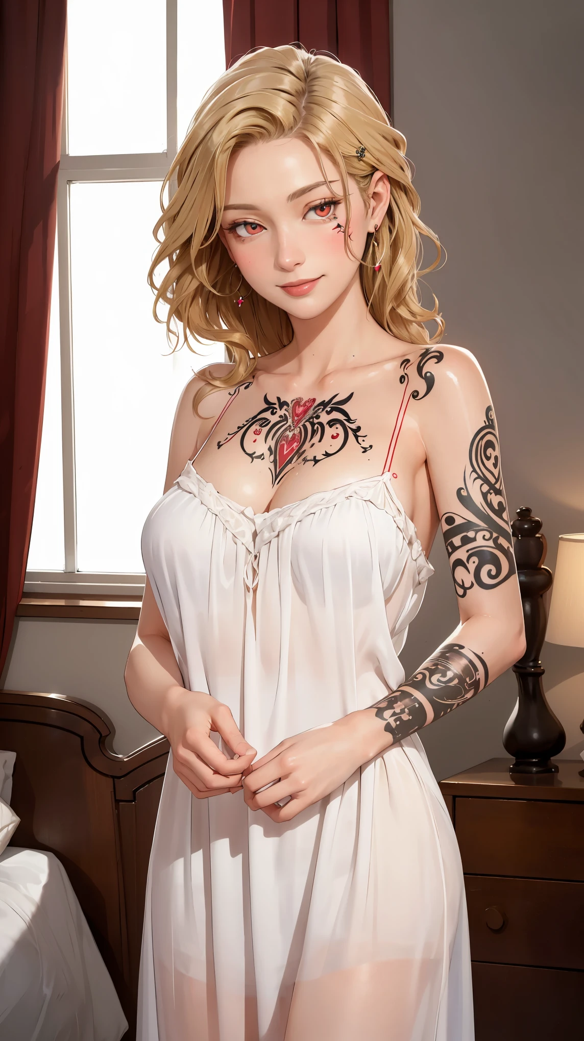 ((((masterpiece, best quality, high resolution)))), Extremely detailed 8K, Beautiful girl with voluptuous body, (Ultra HD, Ultra-detailed, Highly detailed, Highly realistic, Ultra-realistic, photograph realistic), (1girl:1.5), (Realistic blonde hair), (long wavy hair, hair ornaments, earrings), (dynamic poses), facing at camera, looking at viewer, (blushing red, embarrassed, smile), (red eyes, sharp eyes), (large perky breasts:1.2), (beautiful detailed face, beautiful detailed eyes), ((silk slit dress, garter belt)), (body tattoo:1.4), (standing up), sweat, glow, (sunbeam, sunlight), ((cowboy shot)), bedroom, seductive