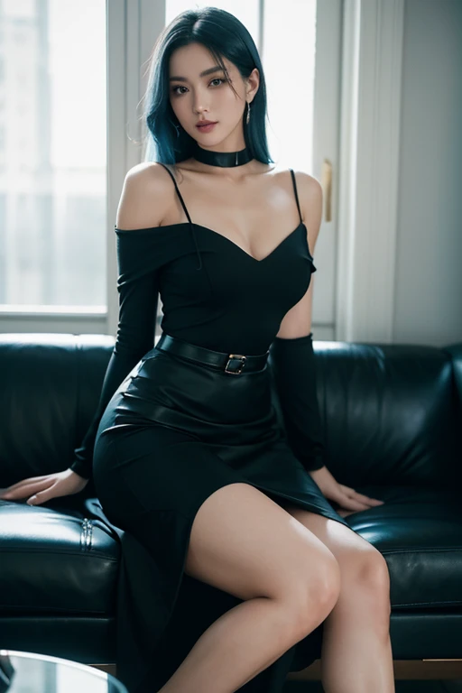 Beautiful girl with a slim figure and medium blue hair cascading down to her shoulders, framing her captivating black eyes. She gracefully seated on a plush sofa, crosses one leg, radiating elegance and sophistication. The soft light filters through the room, gently illuminating her outfit - a beautiful blue blouse that clings to her figure in all the right places, accentuating her curves and the hourglass shape of her body. The long black skirt falls effortlessly around her, hugging her curves and creating an allure that invites the gaze of onlookers. completing her attire are black strappy heels with a glossy finish, adding an element of chicness and style