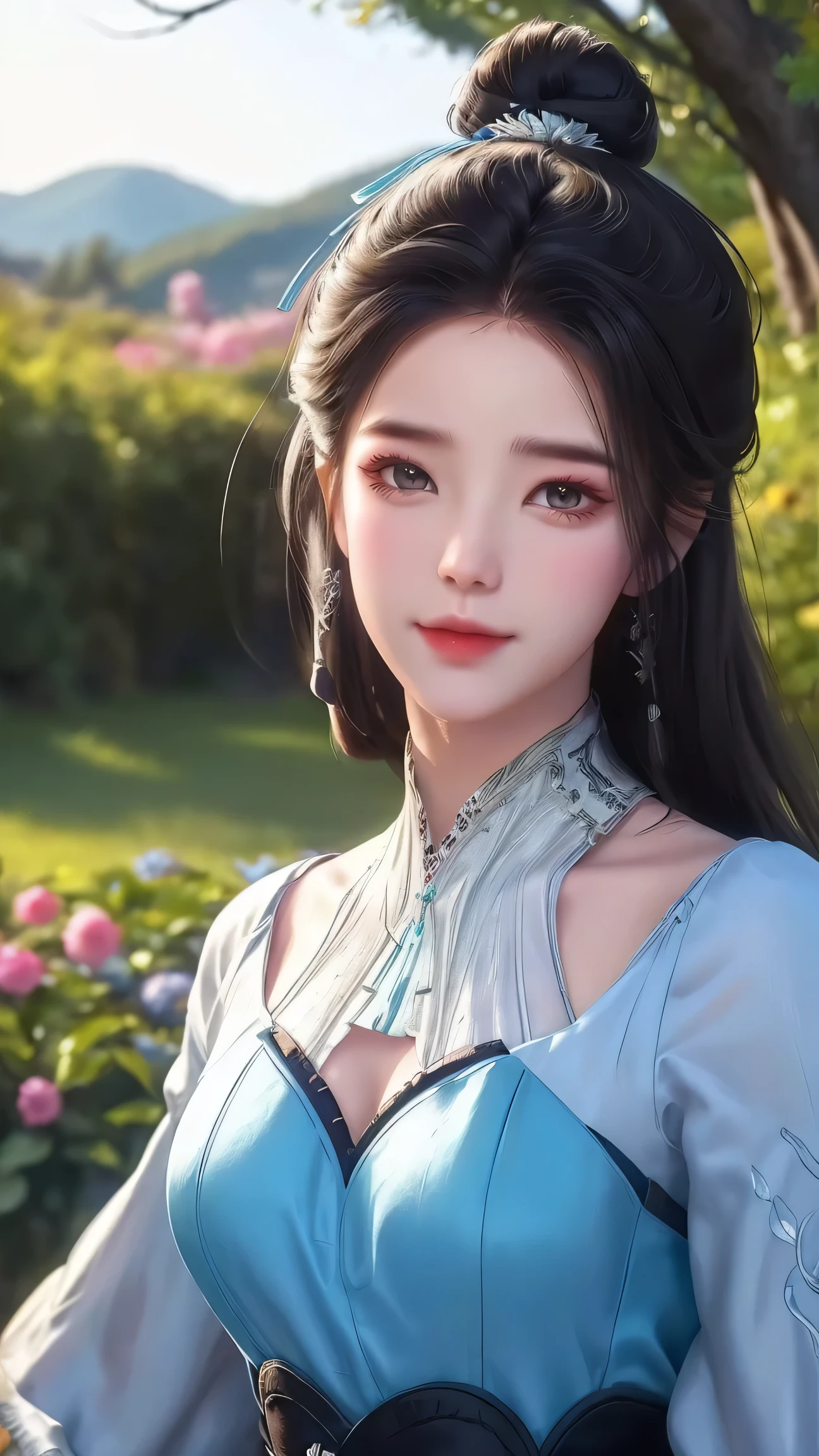 (best quality,ultra-detailed,photorealistic:1.37),vivid colors,studio lighting,beautiful detailed eyes,beautiful detailed lips,extremely detailed eyes and face,long eyelashes,portraits,black hair,confident expression,feminine,standing in a garden,soft sunlight, scenery,flower blossoms,peaceful atmosphere,artistic touch,textured brushstrokes,subtle color variations,brilliant white highlights,delicate movements,graceful pose,slight breeze,rustling leaves,sophisticated style,professional artwork,female beauty.