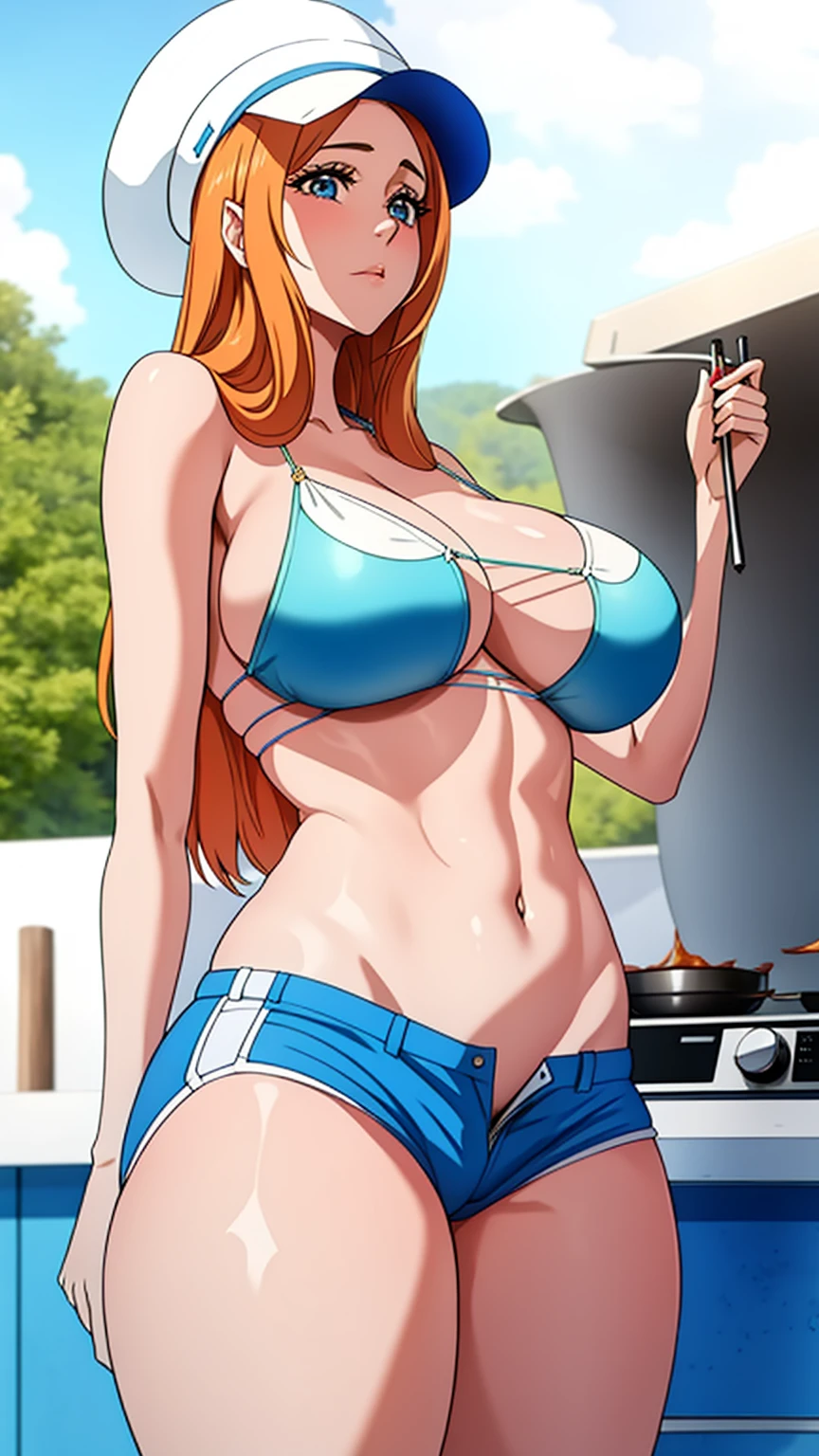 araffe girl in a white hat and blue shorts is cooking on a grill, grande saque, o extremamente quente e sexy, grupo, Mulher de 30 anos de Cuba, garota sexy vestindo shorts, coxas grossas, 🐎🍑, shorts de saque, pernas grossas, shorts curtos, bons quadris e pernas longas