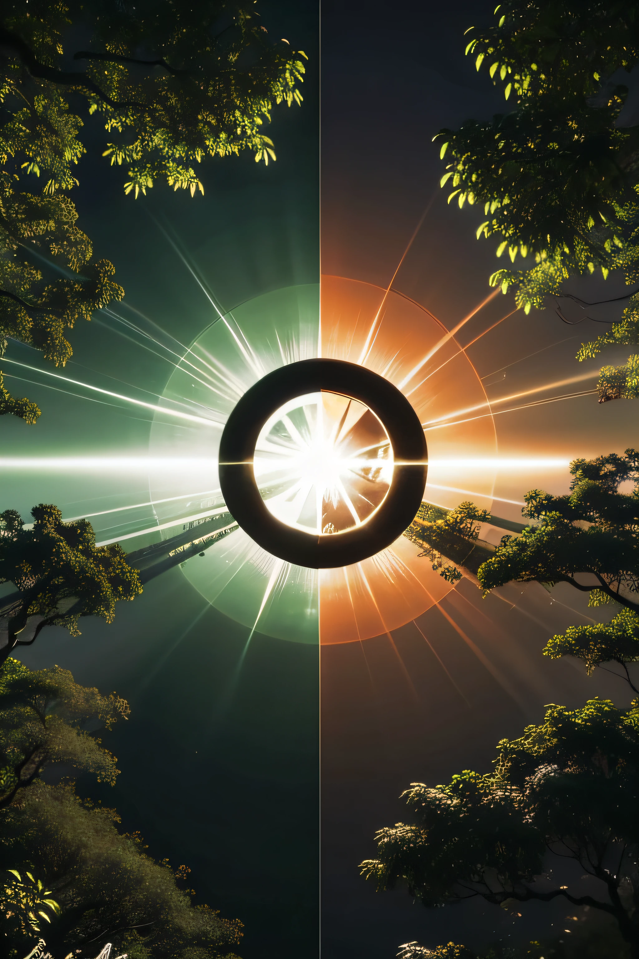 Descreva a harmonia dual da natureza representada na imagem do Yin e Yang: The tall and majestic trees, com seus troncos fortes e galhos torcidos, representando o Yang; enquanto o riacho suave e sinuoso, fluindo entre as pedras, representa o Yin. The sun's rays that penetrate between the leaves of the trees, Creating a perfect balance between light and shadow, symbolize the constant interaction between these two opposing energies, mas complementares. Birds flying in circles above the trees show the fluidity and connection between heaven and earth, complementando a imagem do Yin e Yang. Nessa cena, Nature teaches us about the importance of duality and balance in all that exists, Show that the peaceful coexistence of opposing forces is fundamental to the harmony and well-being of the entire universe.