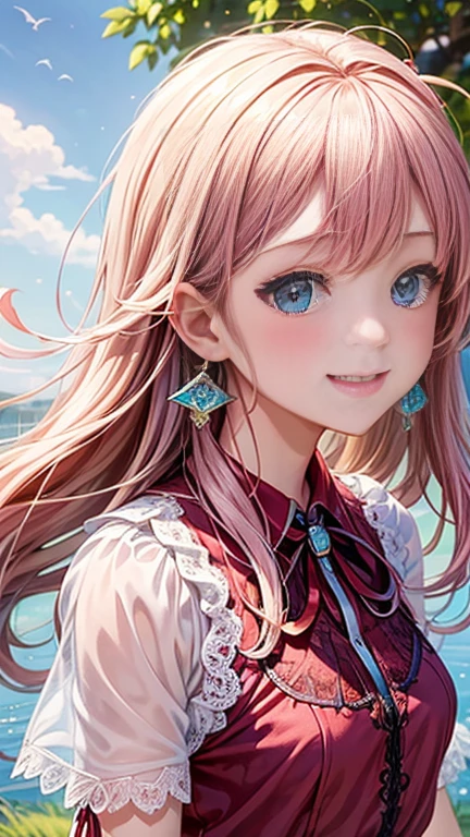 (transformation、I love exposure)、Anime girl with pink hair and a ribbon in her hair, Cute realistic portrait, 、Gweitz, Magical Girl Portrait, Cute Characters, Cute art style, Anime Moe Art Style, MapleStory character art, cute portrait, Cute Anime Girl Portrait, Small person portrait, artwork in the style of Gweitz, Splash Art Anime ,((green、red lace blouse、See-through、See-throughのワンピースの水着、White mini skirt))、Cute Earrings、Long Hair Twin Tail、bird、Wind、smile、Embarrassed face、Embarrassing