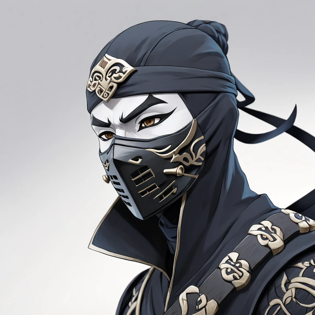 game "Mark of the Ninja", anime realism, Ninja, game photo, close up of upbody, solo, (white background), mask, 4K, 8K, (masterpiece, best quality, Professional, perfect composition, very aesthetic, absurdres, ultra-detailed, intricate details:1.3)