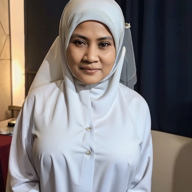50 years Old, Hijab Indonesian mature woman, Big Tits : 66.9, Gamis, Breast out from her clothes : 1.9, at doctor office, Dark light, at Nighttime
