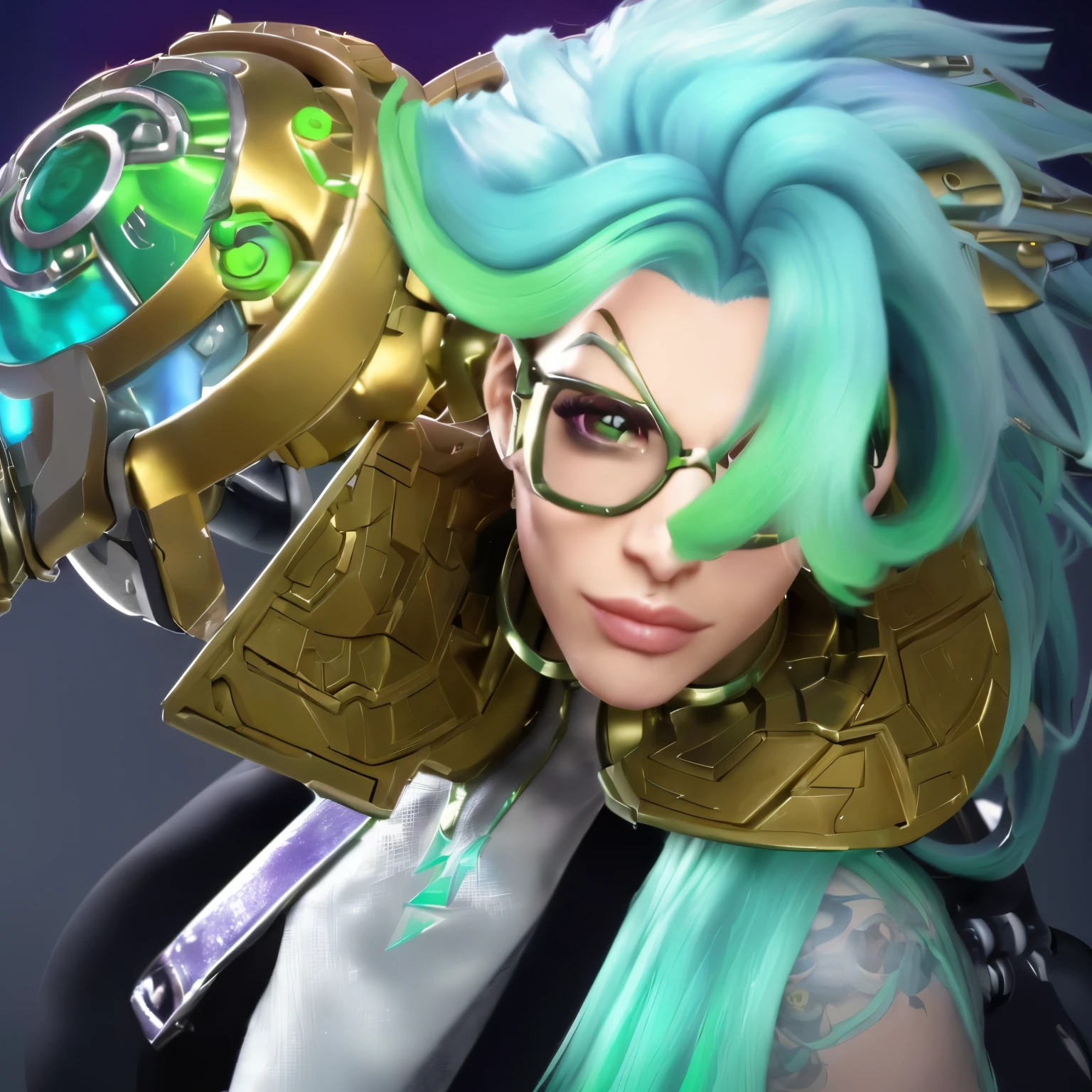 a close up of a person with a green hair and glasses, lucio as a woman, tane skin, kda, junker queen from overwatch, style of kieran yanner, female lucio, geeen skin, overwatch, lucio from overwatch, range murata and artgerm, teal skin, sigma from overwatch, amazing portrait of viego