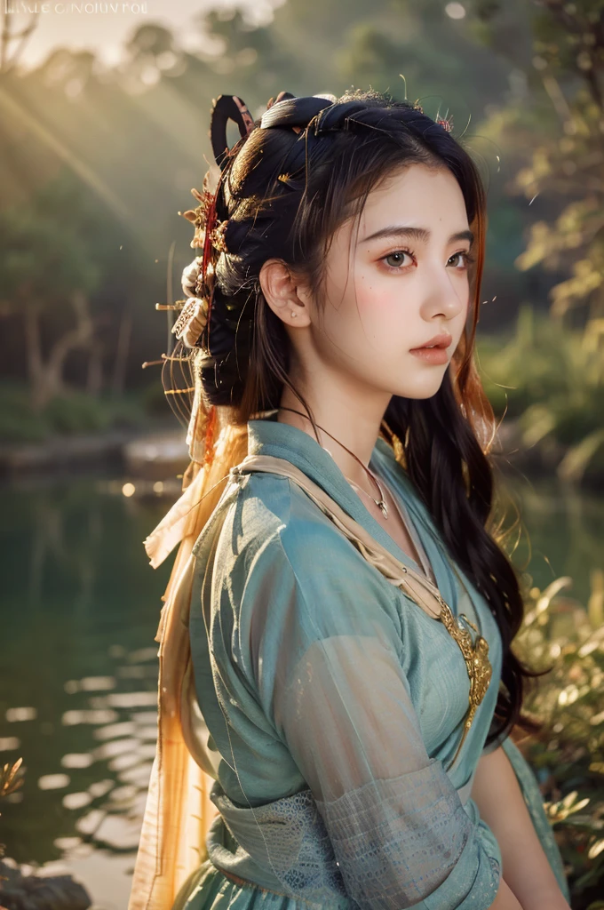 ( masterpiece, top quality, best quality,8k,17 years old girl,ultra detailed,raw photo:1.5),(photorealistic:1.4),(cinematic lighting), PerfectNwsjMajic, , Surrealism, UHD, ccurate, Super detail, textured skin, High detail, Best quality, dynamic angle, (high nose,White skin),[Beautiful blue eyes],(1girl),(good anatomy:0.5)), dunhuang_style, Dreamy atmosphere,expressive brush strokes, mystical ambiance, Artistic interpretation, a whimsical illustration, Subtle colors and tones, straight face, river