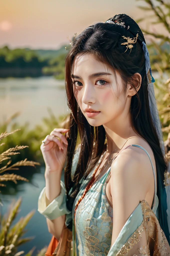 ( masterpiece, top quality, best quality,8k,17 years old girl,ultra detailed,raw photo:1.5),(photorealistic:1.4),(cinematic lighting), PerfectNwsjMajic, , Surrealism, UHD, ccurate, Super detail, textured skin, High detail, Best quality, dynamic angle, (high nose,White skin),[Beautiful blue eyes],(1girl),(good anatomy:0.5)), dunhuang_style, Dreamy atmosphere,expressive brush strokes, mystical ambiance, Artistic interpretation, a whimsical illustration, Subtle colors and tones, straight face, river