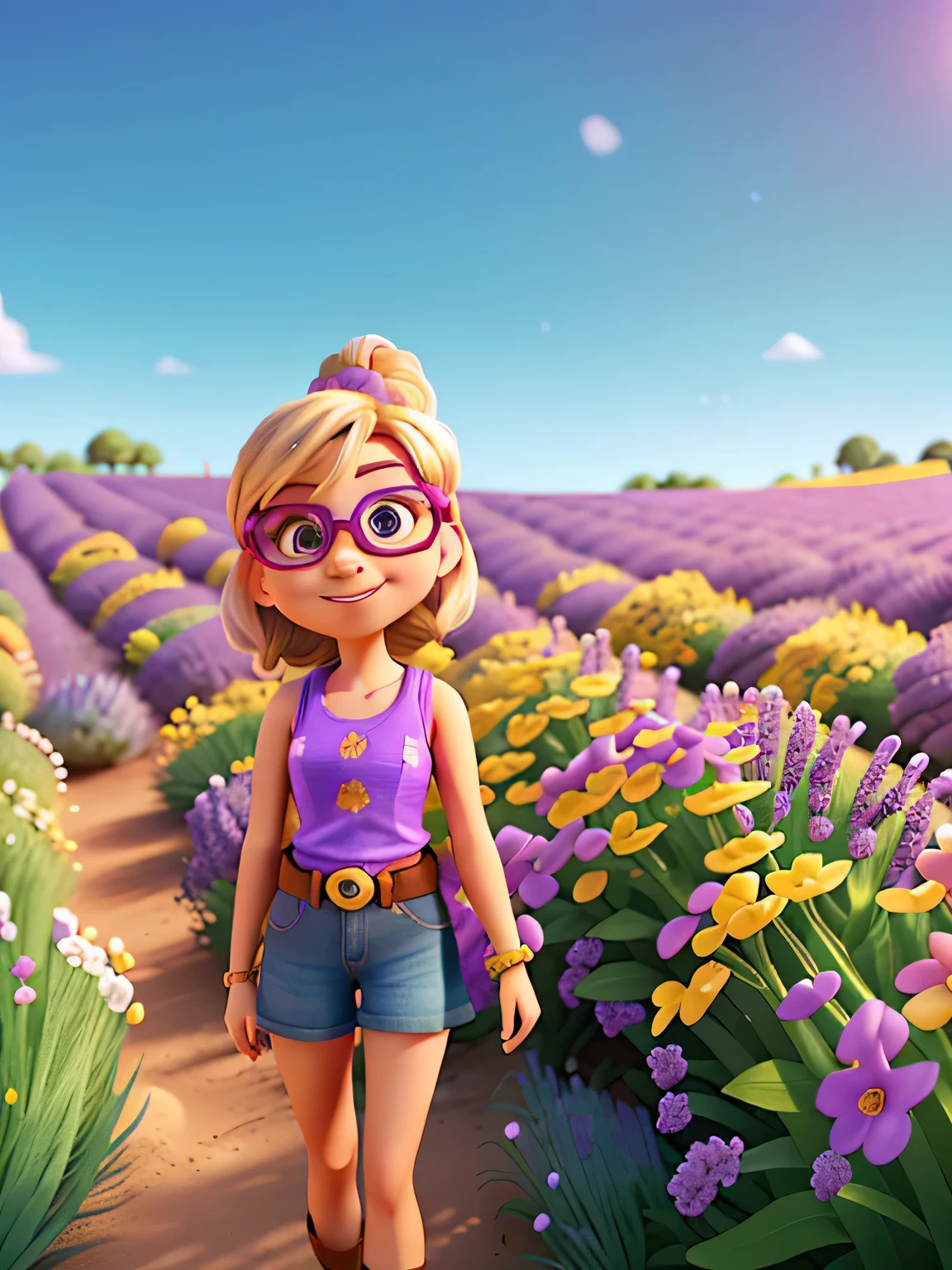 Pixar style image with 3D character, blonde woman with a bun, Disney makeup, flower tank top, sunglasses, in a lavender field, cute, smiling, close up, pixar, Disney, movie lighting,