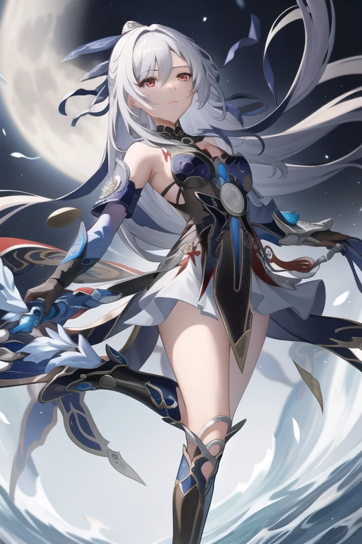 masterpiece, highest quality, JingliuV5, One girl, alone, View your viewers, Red eyes, gloves, dress, Holding, Exposing shoulders, Mouth closed, arms, boots, null, black gloves, sword, Holding arms, night, Holding sword, moon, night null, full moon, 