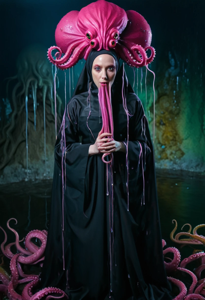 8K, ARTISTIC photogrAphy, best quAlity, mAsterpiece: 1.2), A (potrAit:1.2)  witch BLOOD   Cthulhu nun QUEEN, EYES, PINK many octopus style tentacles, full body RAW candid cinema, RED hair, 16mm, color graded portra 400 film, remarkable color, ultra realistic, sad admosphere, dark lighting, oppressive atmosphere, depressive colors, kodak portra 400, photograph,r, Natural Light, Pinhead lighgts, blur reflection, Brush Strokes, Smooth, abstract, Splatter, Oil On Canvas, rainbow colors, fractal isometrics details bioluminescens : a stunning realistic photograph of wet bone structure, 3d render, octane render, intricately detailed, titanium decorative headdress, cinematic, trending on artstation | Isometric | Centered
