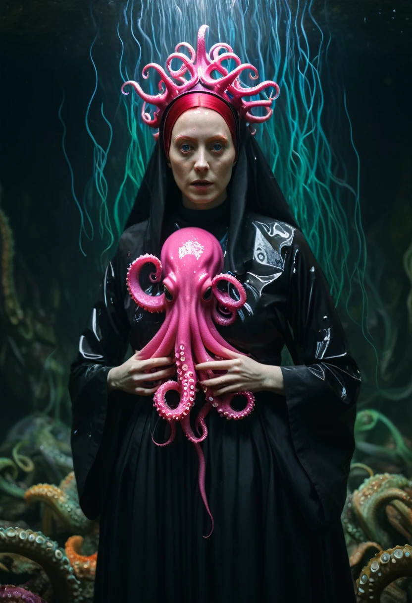 8K, ARTISTIC photogrAphy, best quAlity, mAsterpiece: 1.2), A (potrAit:1.2) witch BLOOD Cthulhu nun QUEEN, EYES, PINK many octopus style tentacles, full body RAW candid cinema, RED hair, 16mm, color graded portra 400 film, remarkable color, ultra realistic, sad admosphere, dark lighting, oppressive atmosphere, depressive colors, kodak portra 400, photograph,r, Natural Light, Pinhead lighgts, blur reflection, Brush Strokes, Smooth, abstract, Splatter, Oil On Canvas, rainbow colors, fractal isometrics details bioluminescens : a stunning realistic photograph of wet bone structure, 3d render, octane render, intricately detailed, titanium decorative headdress, cinematic, trending on artstation | Isometric | Centered