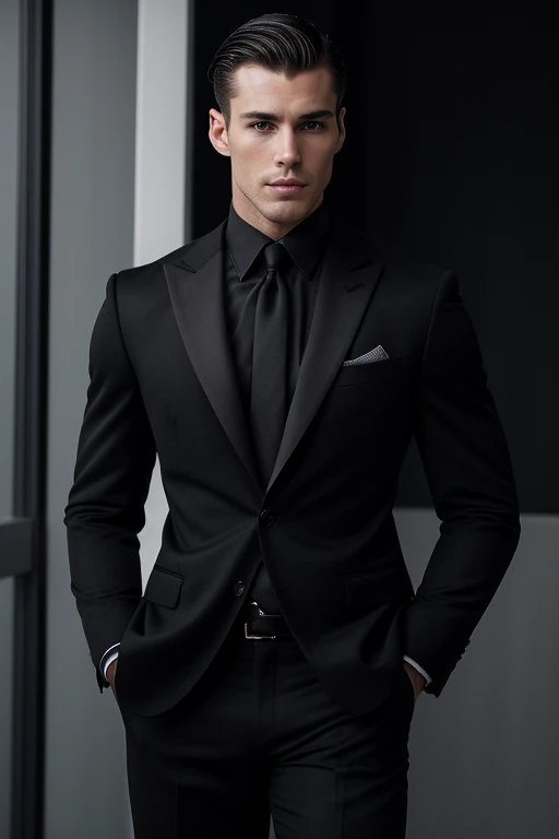Photo of a tall, handsome guy with an athletic build, black wolfcut hair, and captivating black eyes. He exudes confidence as he dons a sleek, well-tailored black suit, perfect for any high-stakes occasion. The image is captured in a cinematic style, with a moody, shadowy side lighting that accentuates his muscular form and chiseled features. The ultra-high resolution and raw image quality ensure every detail is rendered in exquisite detail, from the fabric texture of his suit to the intricate pores on his face.