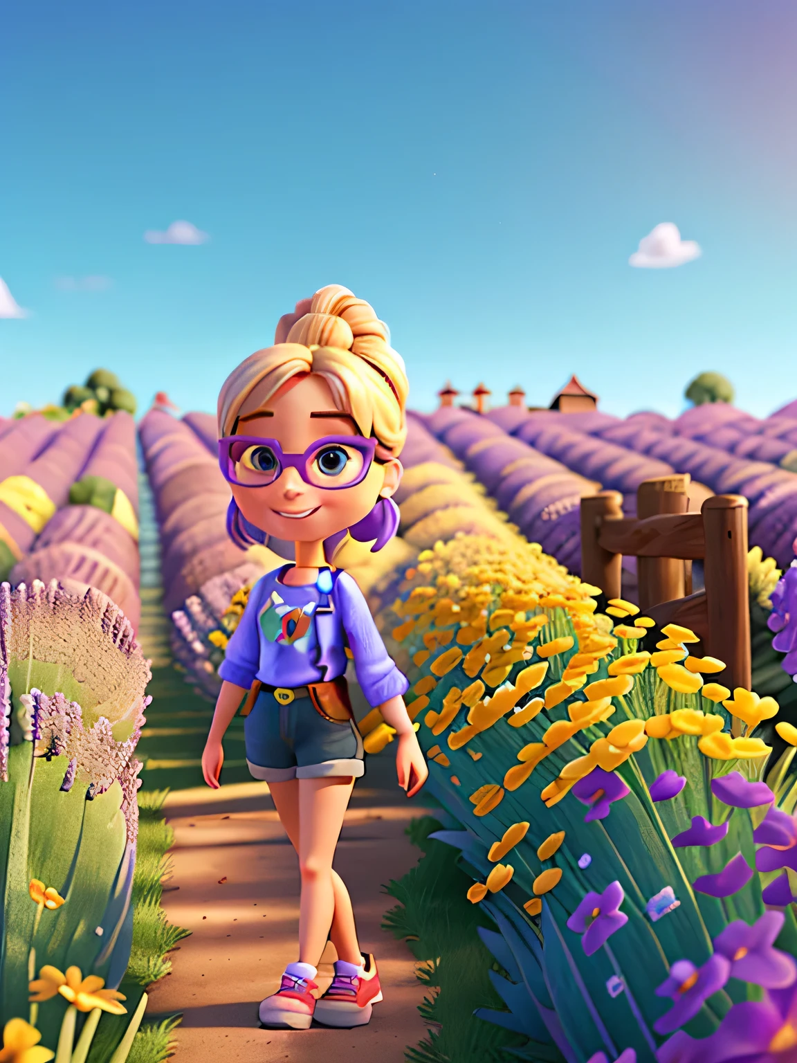 Pixar style image with 3D character, blonde woman with a bun with sunglasses, Disney makeup, flower tank top, in a lavender field, cute, smiling, close up, pixar, Disney, movie lighting,