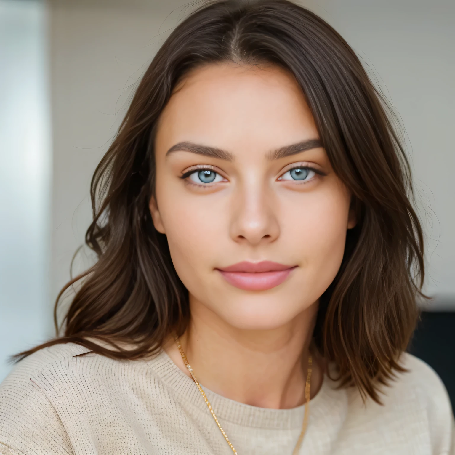 Beautiful brunette in a light beige sweater (Nail care in a modern beauty salon), Very detailed, 21 years old, Innocent face, Naturally Wavy Hair, blue eyes, High resolution, masterpiece, highest quality, Intricate details, Very detailedな, Sharp focus, Detailed skin, realistic skin texture, texture, Fine grain, Professional, 4K, Cute Smile, Shot with Canon, 85mm, Shallow depth of field, Kodak Vision Color, perfect fit body, Very detailed, photo shootr_\(Ultra\), Photorealistic, Real Stick, After treatment, Maximum details, Roughness, Real Life, Ultra realist, Photorealism, photo shoot, 8K UltraHD, photo shoot, work, Bureau