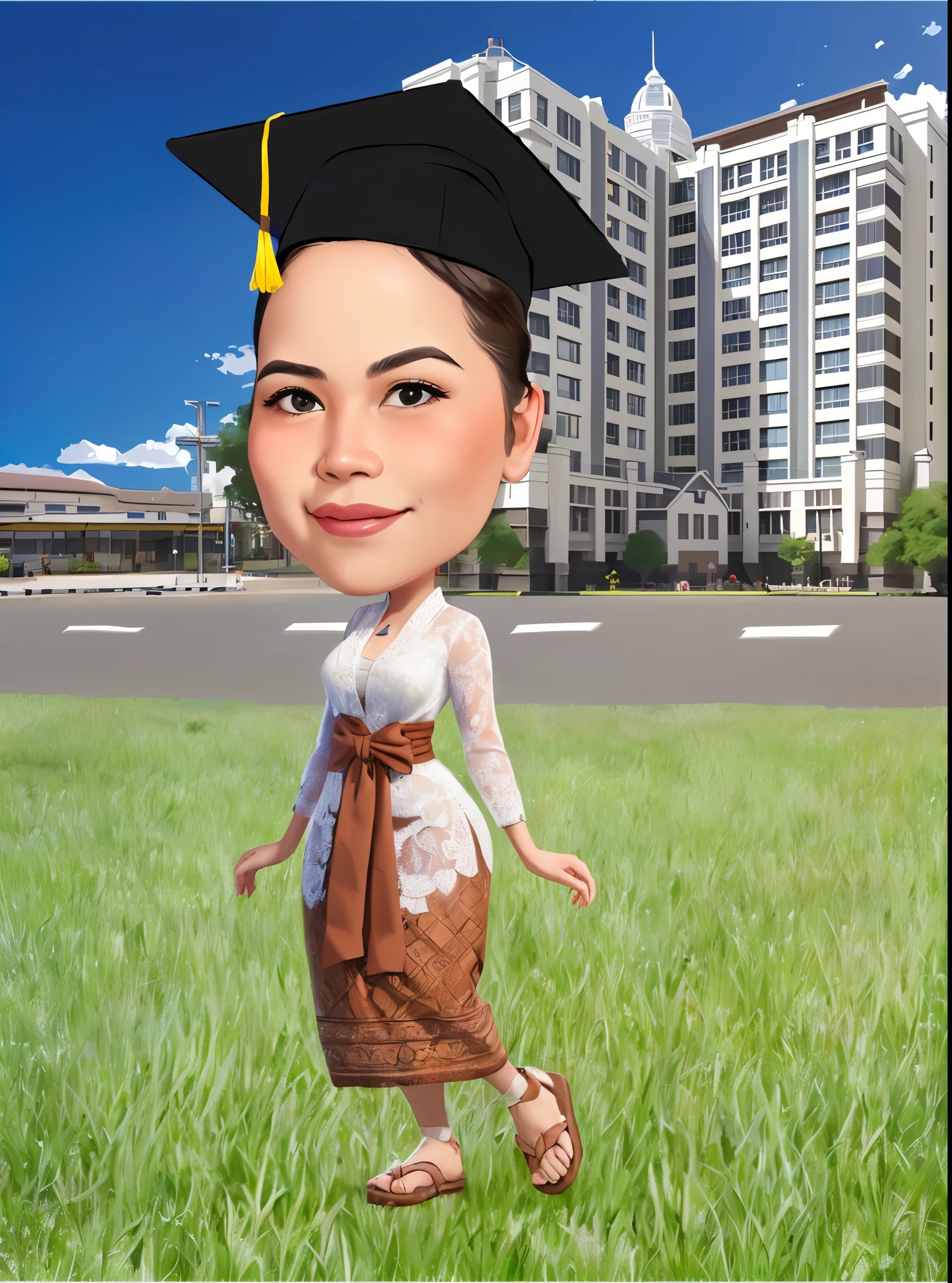 a cartoon character of a woman in a graduation gown and a mortar cap, shadow of a person in the grass, caricature style, student, in cartoon style, wearing an academic gown, portrait, caricature illustration, post graduate, south east asian with round face, caricature, fanart, unreal engine 5, college, chibi, caricature, mid portrait, photo portrait, round