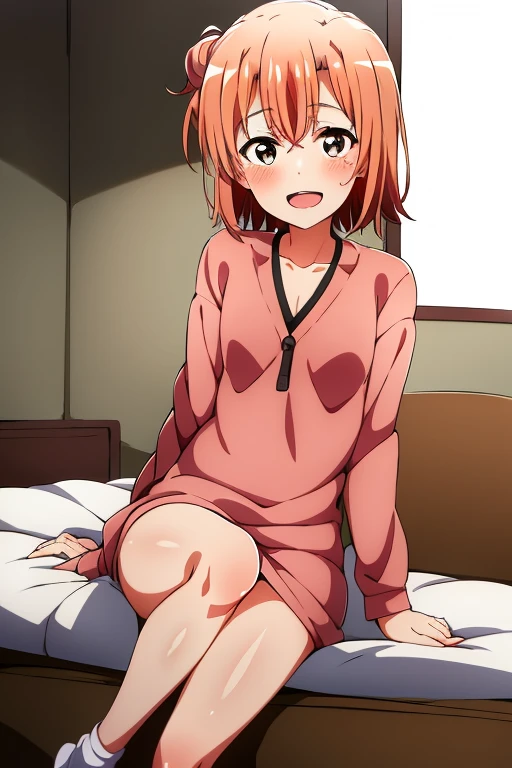 ((highest quality)), ((masterpiece)), (be familiar with), Perfect Face, indoor, Bedroom, Watching the audience,
One woman, Yuigahama Yui,
Open Mouth, Ecstatic expression, blush, smile,
Small breasts, Flat Chest, Young Girl, , , Girl,
Short Hair, Salmon-colored hair, Salmon-colored eyes, Side Pony,
Leg spread,