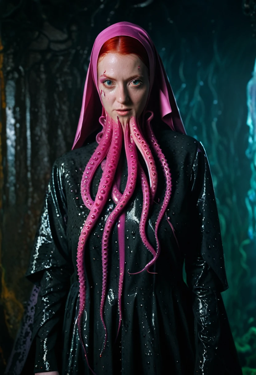 8K, ARTISTIC photogrAphy, best quAlity, mAsterpiece: 1.2), A (potrAit:1.2) witch BLOOD Cthulhu nun QUEEN, EYES, PINK many octopus style tentacles, full body RAW candid cinema, RED hair, 16mm, color graded portra 400 film, remarkable color, ultra realistic, sad admosphere, dark lighting, oppressive atmosphere, depressive colors, kodak portra 400, photograph,r, Natural Light, Pinhead lighgts, blur reflection, Brush Strokes, Smooth, abstract, Splatter, Oil On Canvas, rainbow colors, fractal isometrics details bioluminescens : a stunning realistic photograph of wet bone structure, 3d render, octane render, intricately detailed, titanium decorative headdress, cinematic, trending on artstation | Isometric | Centered