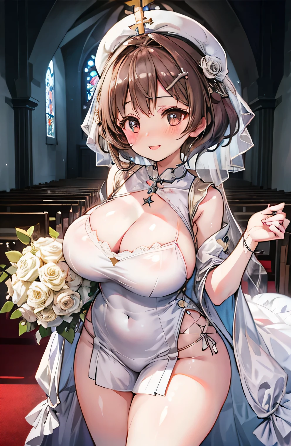 Anime illustration、Fantasy、highest quality、wedding style、Chapel with sunlight streaming in、Clear skies、bouquet、neat wedding dress、Perfect proportions、overwhelmingly big breasts、Very thick thighs、Beautiful, shining eyes、Blushed、smile、Cowboy Shot