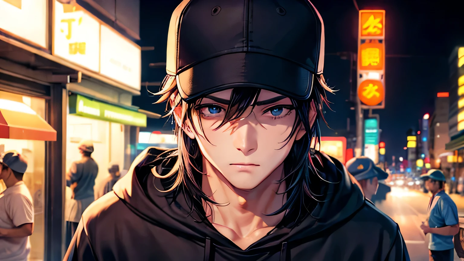male one person Sad eyes Super handsome Cool male Baseball cap hoodie night bustling street neon High quality and high definition facial expressions High quality and high definition hair