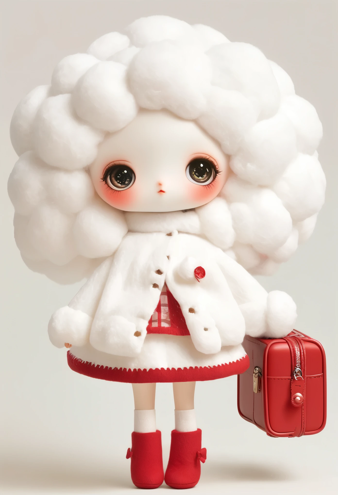 A illustration：Cute cotton ball doll。big eyes。Red Case