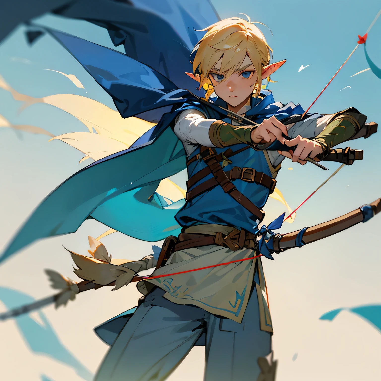 Blond elf boy in blue combat uniform,Breath of the Wild Link,Holding a bow and arrow,A quiver hung on his waist,A dark grey cape