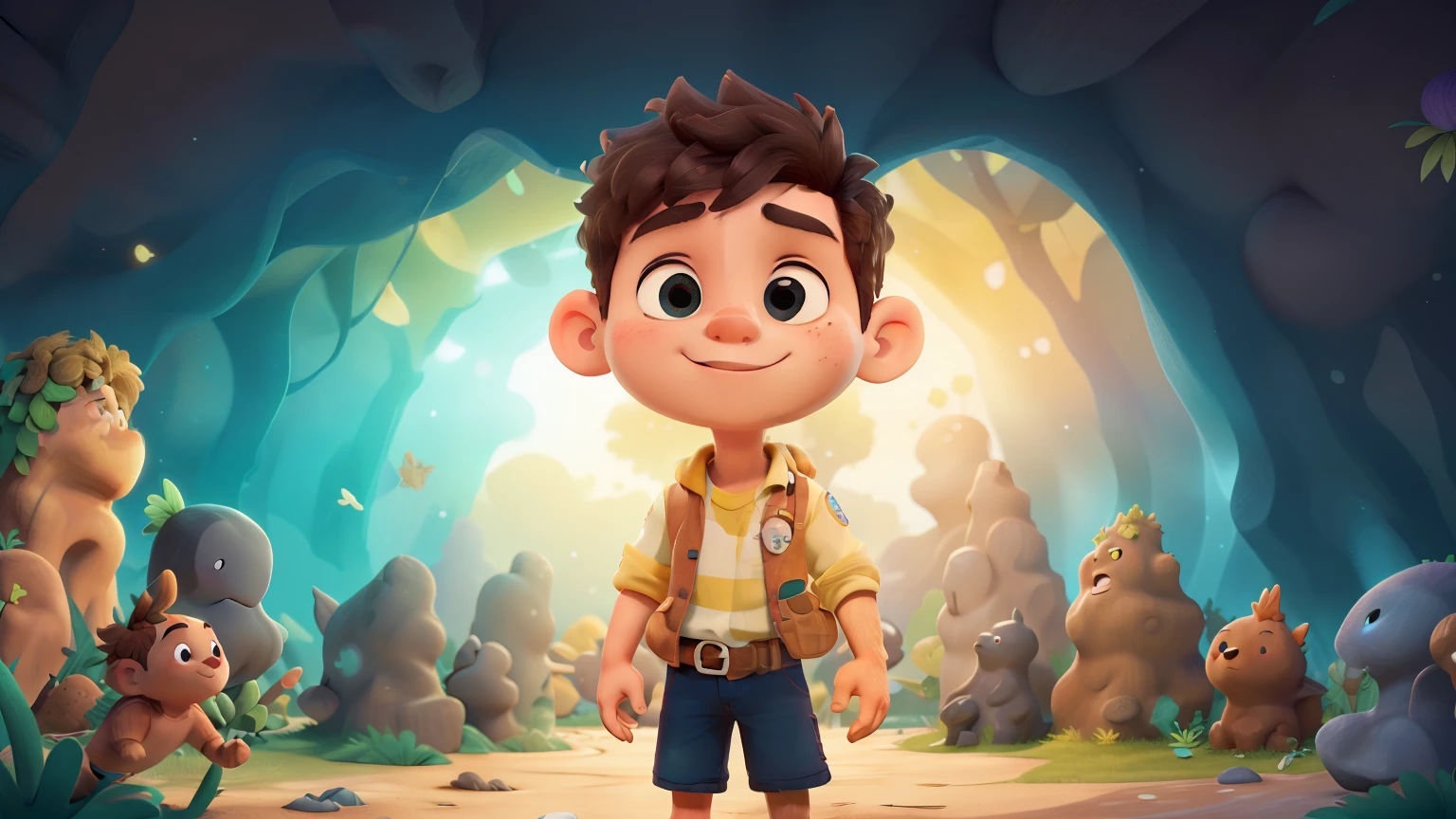 ((melhor qualidade)), ((obra de arte)), (detalhado), rosto perfeito, Miguel was a six-year-old autistic boy with such a vivid imagination. Dentro da caverna, ele encontrou um ovo misterioso, glowing with all the colors of the rainbow.