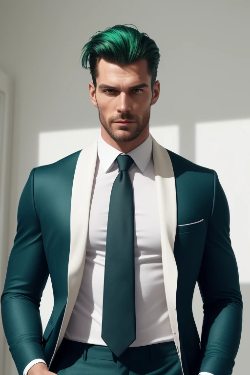 A captivating photograph of a tall and handsome man with an athletic build and vibrant green hair radiates confidence as he wears a sleekly tailored cream-colored shirt with collar and matching jeans pants. This formal attire is perfect for any high-stakes occasion, elevating his polished appearance. The image is expertly captured with a moody, shadowy side lighting that highlights his muscular form and chiseled features, adding depth and dimension to the image. The ultra-high resolution and raw image quality guarantee a masterpiece, with every detail meticulously rendered in exquisite detail. From the textured fabric of his suit to the intricate pores on his face, nothing is left un
