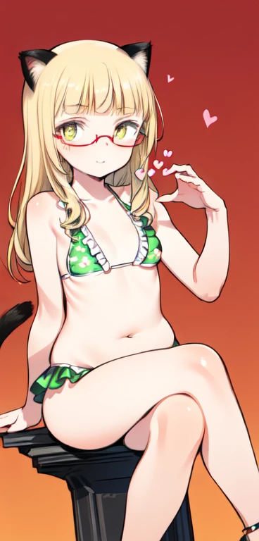(8K, Best Quality, Ultra Detailliert, Highres, Absurdres, Perfect Anatomy:1.5, Masterpiece:1.5), (Strong Outline), ((1Girl)), (((perrine h. clostermann))), (((Yellow Eyes))), (((Black glasses:1.3))), (((Long Long Hair:1.5, Bangs, Blust Bangs, Blonde Hair))), (((Black Cat Ears, Black Cat Tail))), (Slender Body, Dwarf:0.7), (((Small Breasts:1.1))), ((Big Hips:1.2)), (Smile:0.8), (Blush), (((lime green Bikini, Frills bikini, Floral Print))), Sandals, (((Heart))), (Dutch Angle), (Sitting:1.1, Crossed Legs:1.3), Head Tilt, Cowboy Shot, (Solo Focus), ((Sexy Pose)), ((Posed Photo)), ((Wide-Angle Photo)), (Simple BackGround, Simple Colour BackGround, Warm Colour BackGround), good hands, best hands