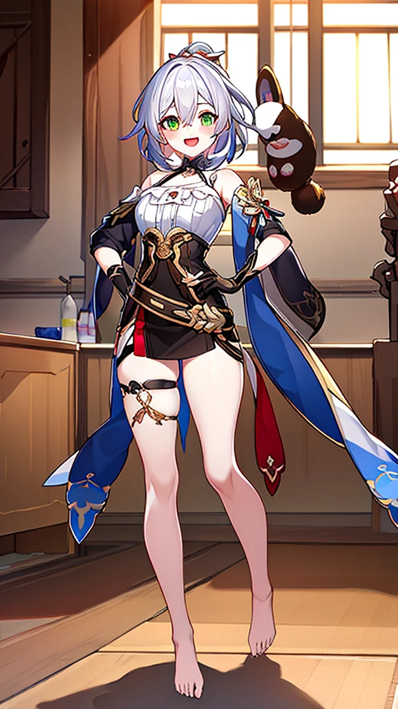 highest quality,(full body)，highly isetaileis,masterpiece,ultra-isetaileis,illustrinion,Xingqiongtieisao,tieisao,Xingqiong,一人in,One girl,chest,Looking_in_Audience,smile,short_hair,Open_mouth,前hair,green_eye,shirt,hair_ornament,gloves,chestの谷between,hair_between_eye,meisium_chest,white_shirt,white_hair,:is,reis_hair,multicoloreis_hair,isetacheis_sleeve,barefoot,black_gloves,streakeis_hair,Book,thigh_strap,animal,cin,isog,Put one hand on your hip，upright