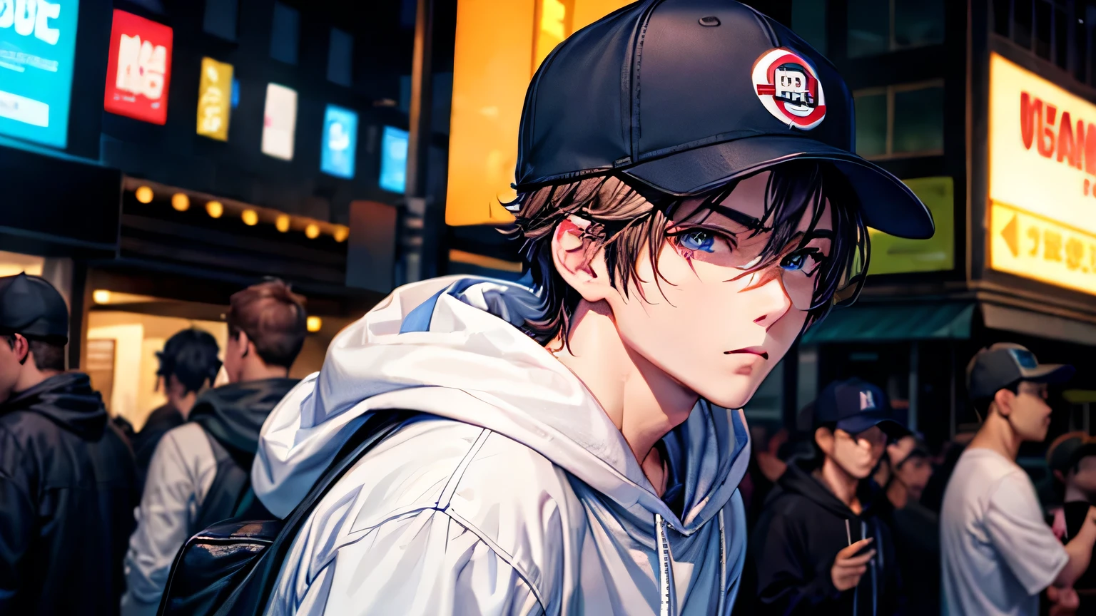 male one person Sad eyes Super handsome Cool male Baseball cap hoodie night bustling street neon High quality and high definition facial expressions High quality and high definition hair Diagonal