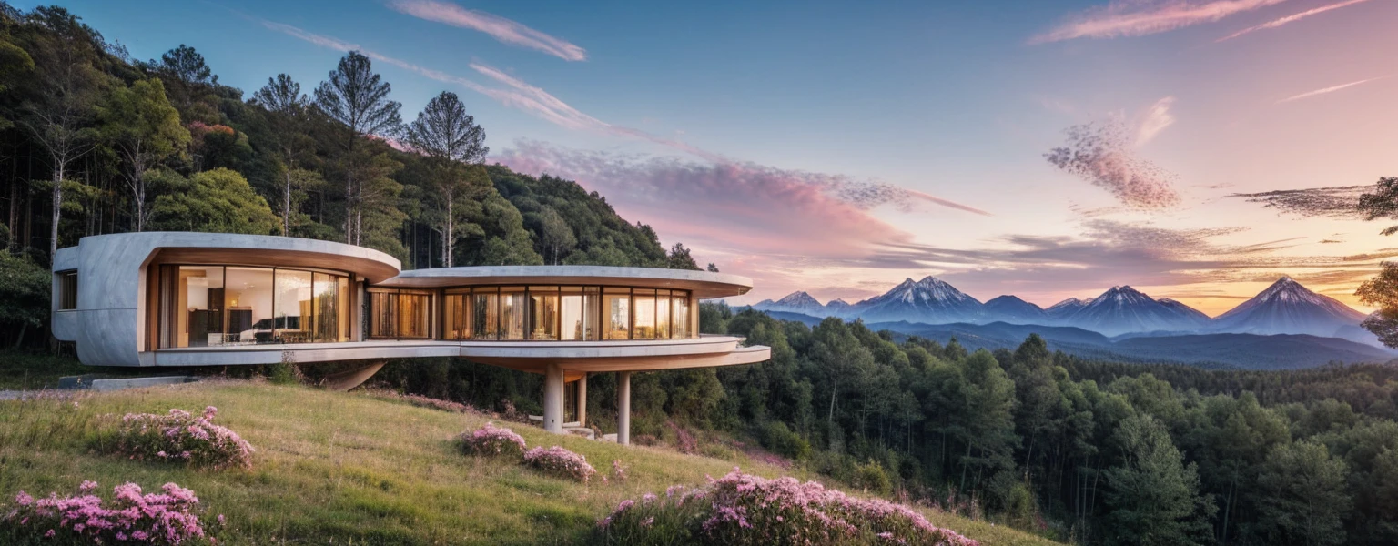 View of panoramic persperctiva, cinematic lighting, a house of futuristic modern architecture in the foreground, surrounded by forests and meadows of pink leaves, in the background there are spectacular mountains and beautiful skies