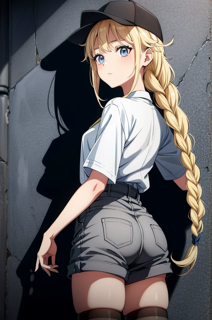 (((grayscale)))(masterpiece:1.2, best quality), (graffiti wall:1.15), super fine illustration,vibrant colors, masterpiece, sharp focus, best quality, depth of field, cinematic lighting,ultra detailed,1girl,masterpiece, best quality, high resolution, ultra-detailed, 1girl, a woman in shorts standing against a wall in the anime image above, 1girl, blonde hair, shorts, solo, hat, braid, twin braids, shirt, baseball cap, ass, white shirt, blue eyes, looking back, long hair, black shorts,Eiko Tsukimi, blue eyes, braid, twin braid, blonde hair, long hair,Eiko Tsukimi, blue eyes, braid, twin braid,(((blonde hair))),baseball cap,