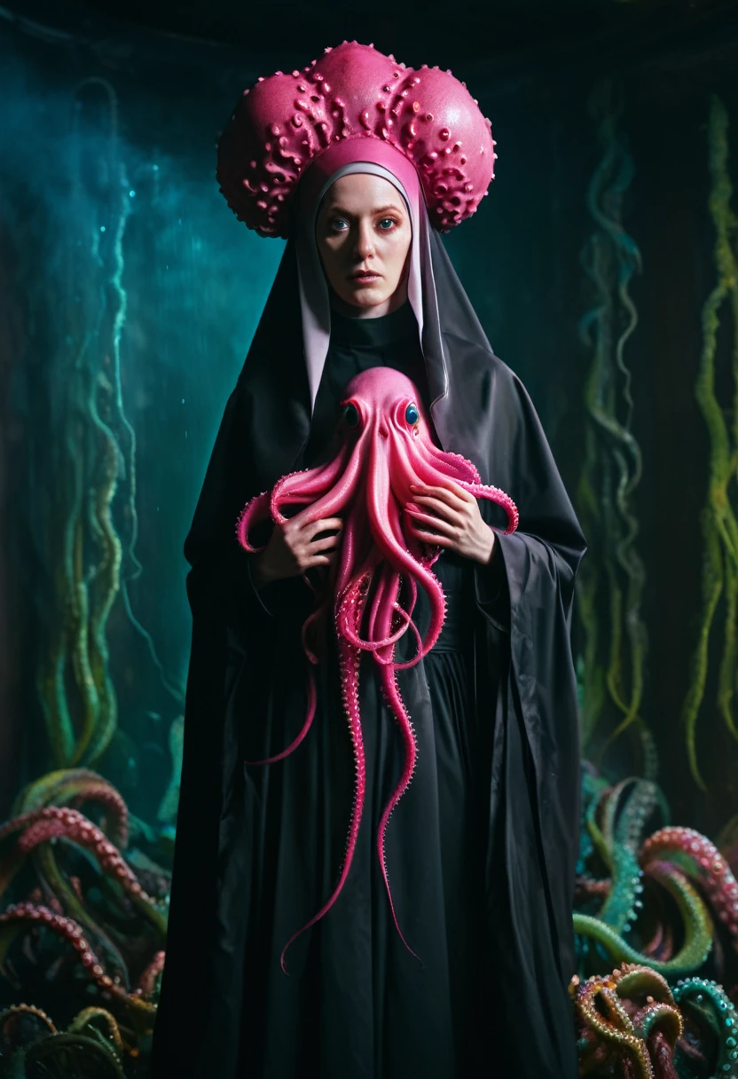 8K, ARTISTIC photogrAphy, best quAlity, mAsterpiece: 1.2), A (potrAit:1.2)  witch BLOOD   Cthulhu nun QUEEN, EYES, PINK many octopus style tentacles, full body RAW candid cinema, RED hair, 16mm, color graded portra 400 film, remarkable color, ultra realistic, sad admosphere, dark lighting, oppressive atmosphere, depressive colors, kodak portra 400, photograph,r, Natural Light, Pinhead lighgts, blur reflection, Brush Strokes, Smooth, abstract, Splatter, Oil On Canvas, rainbow colors, fractal isometrics details bioluminescens : a stunning realistic photograph of wet bone structure, 3d render, octane render, intricately detailed, titanium decorative headdress, cinematic, trending on artstation | Isometric | Centered