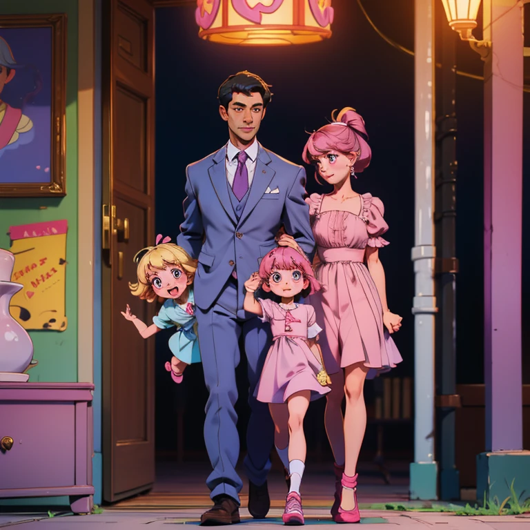 In a cozy little town, there are family of four. A father who's wearing a formal shirt, and a mother who's wearing a beautiful dress. They 2 beautiful ager daughters, one is wearing purple and one is wearing a beautiful pink dress and a very cute shoes with ribbon. They have chinky chinky eyes, high and small nose and has a heart shaped lips. Make the parents tall