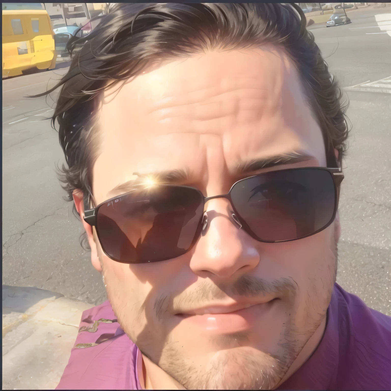There's a man wearing sunglasses and a purple shirt, headshot imagem de perfilture, taken at the beginning of 2020, imagem de perfil, imagem de perfilture, imagem de avatar, imagem de perfil, fotografia selfie 8k, com o sol brilhando sobre ele, dia ensolarado brilhante, tirada no final de 2010, selfie de um homem, album photo, no sol